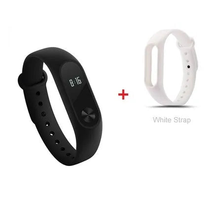 Xiaomi Mi Band 2 black fitness tracker with OLED screen on an adjustable wrist strap.