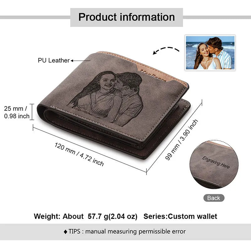 Engraved coffee-coloured PU horizontal wallet showing personalised lettering.