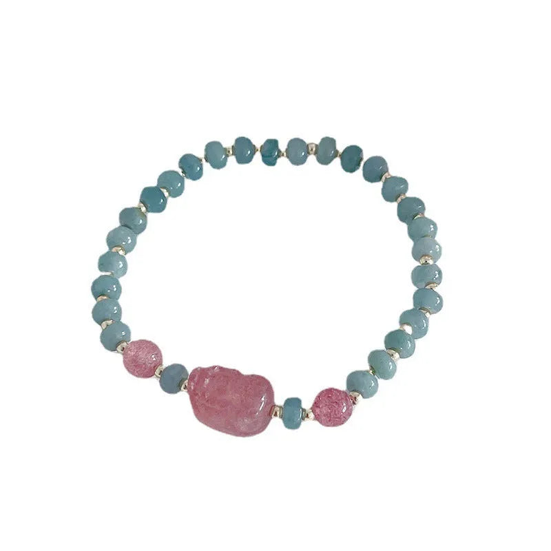 Jade bracelet with gourd pendant and peace buckle charms in natural blue water jade