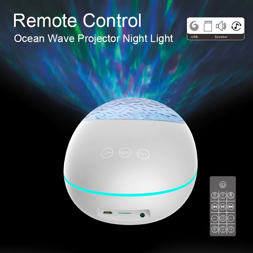Coversage ocean wave projector LED night light with Bluetooth speaker in black, showing wave projection on wall