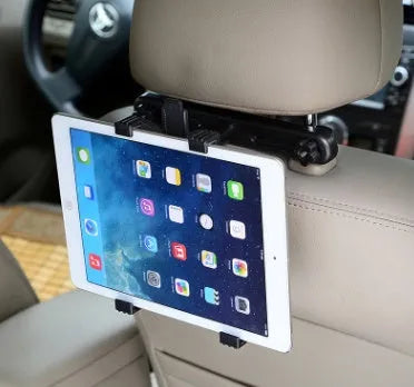 Black universal car headrest tablet holder with adjustable mount for rear seat passengers.