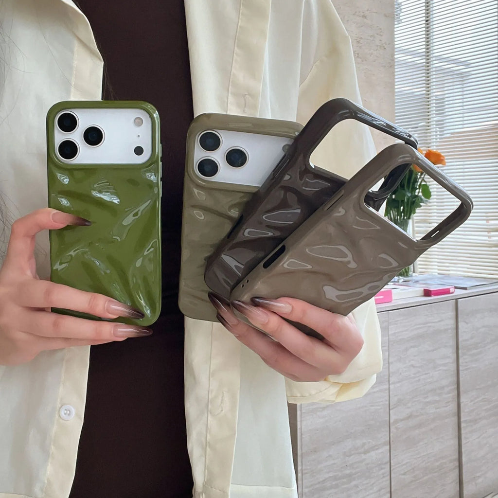 QF pleated TPU phone case in green for iPhone 15 Pro with three-dimensional textured pattern