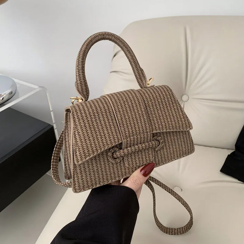 Women's PU leather crossbody messenger bag with sewing line detail, horizontal square shape, in brown colour