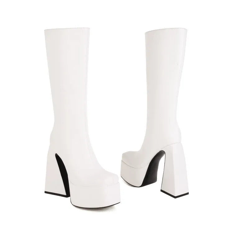 Women's casual boots in artificial PU leather available in black, red, blue, and white colours