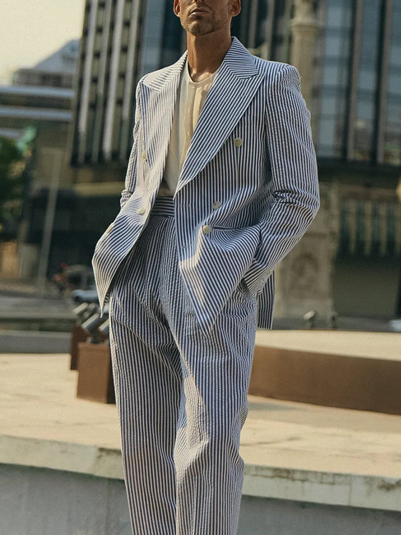 Men's blue and white striped polyester suit set with blazer and trousers