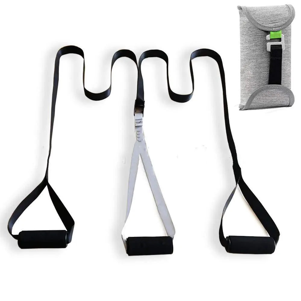 Black suspension training belt resistance band with 3.8cm nylon webbing and zinc aluminium alloy climbing hook, adjustable 1.3m to 1.8m