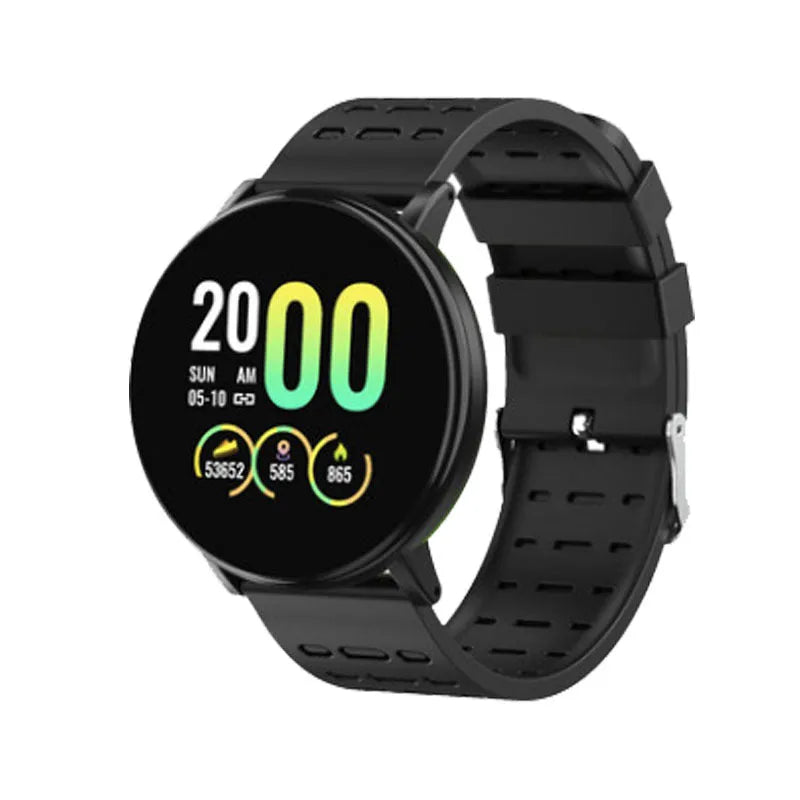 Heart rate bracelet with 1.3-inch touch screen and black silicone strap on wrist