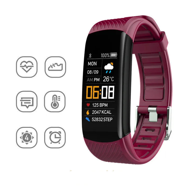 Adult sports silicone pedometer bracelet with a 0.96-inch touchscreen display on a wrist.