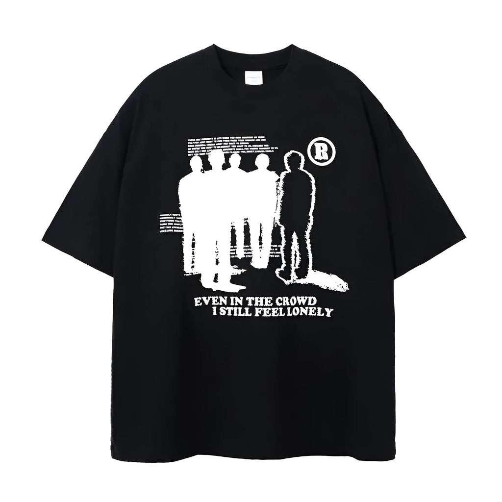 Men's oversized mercerized cotton T-shirt with gothic cartoon print, short sleeve loose fit, black haze blue or white