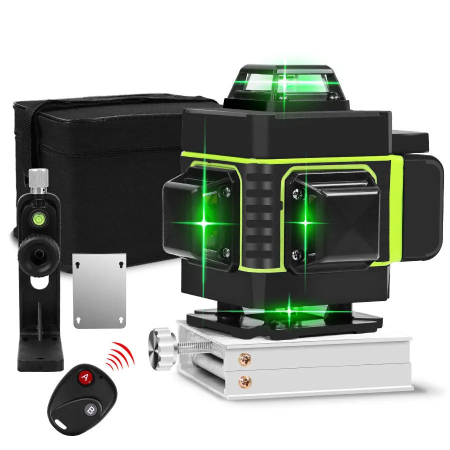 Rotating laser level with green laser projection and orange wall stickers on measurement surface