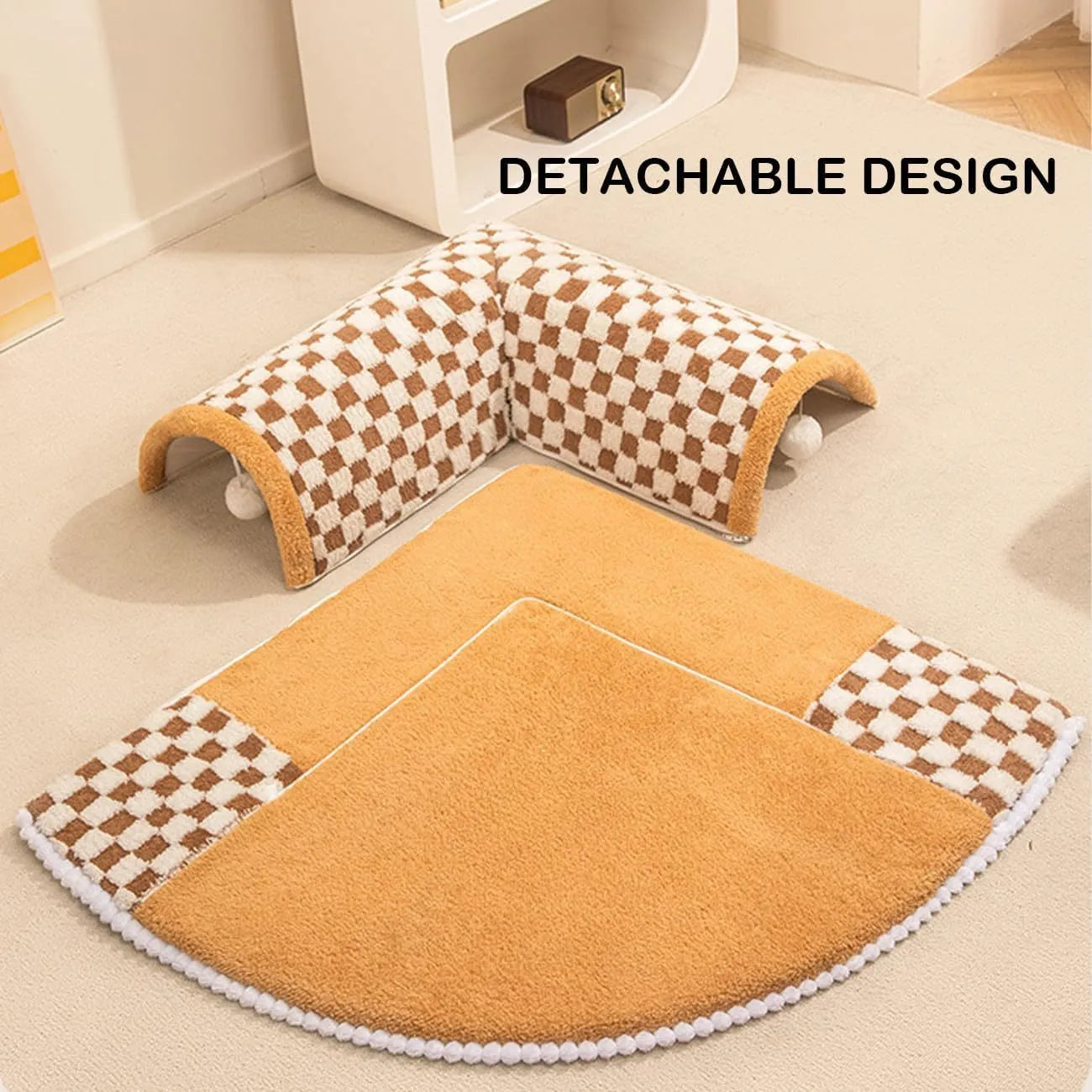 Coffee coloured plush fan-shaped pet bed with integrated tunnel for cats and dogs, showing thick mat and anti-slip base.