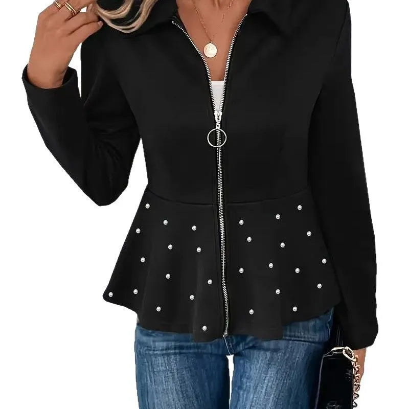 Women's black coat with heavy-duty zipper and ruffled hem, loose fit with long sleeves