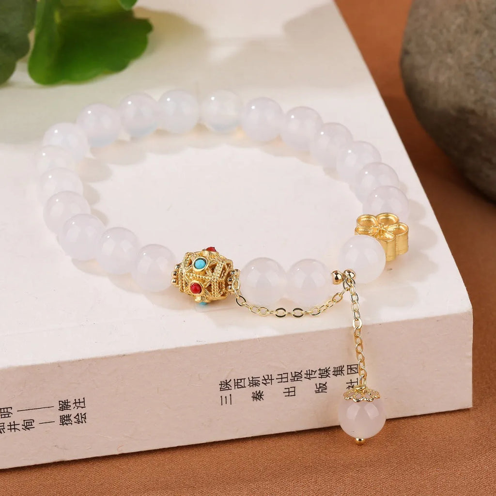 Women's handcrafted agate bracelet with natural 8mm stone beads and peach blossom copper fittings