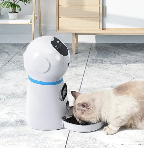 White automatic pet feeder with removable grain barrel, metal food tray, and 4-meal daily scheduling for 5mm-12mm dry food.