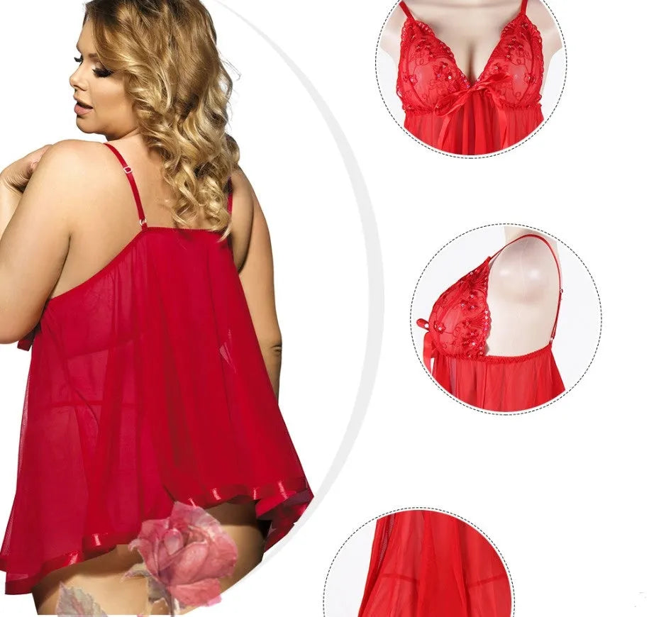 Women's plus size lace and mesh sleepdress lingerie in size 6XL on a hanger.