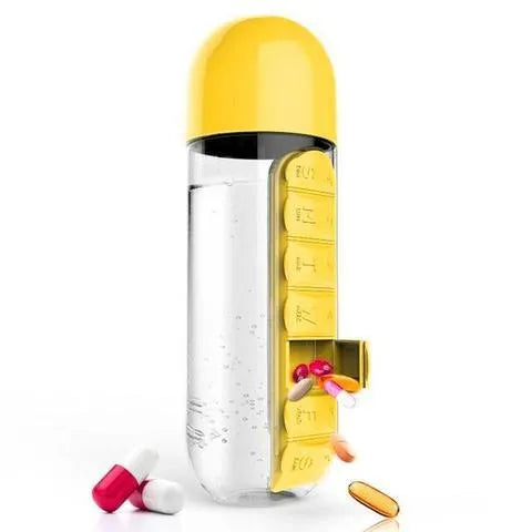 Creative wrist capsule water cup with medicine box 600ml in black, showing lid with integrated pill compartment