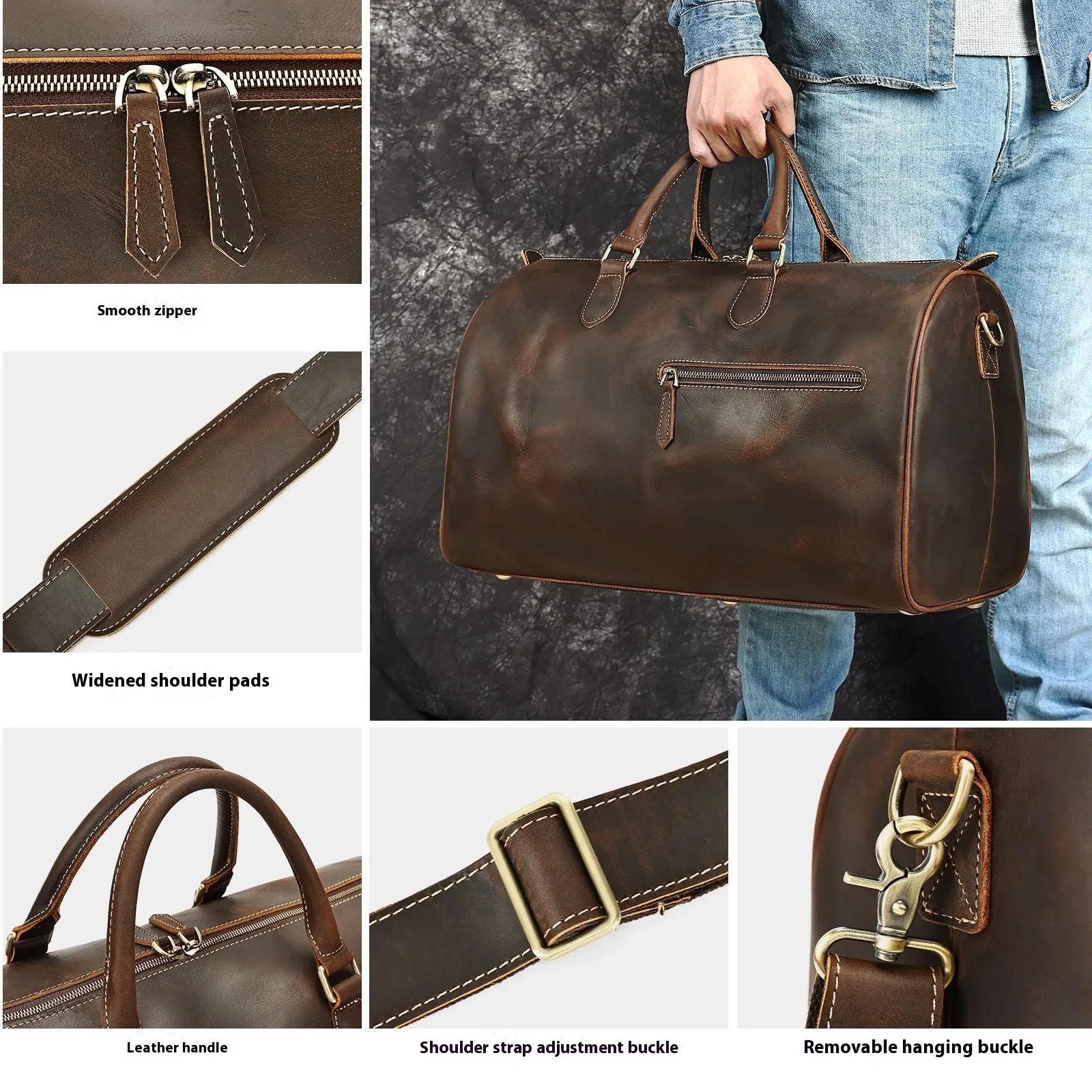 Men's vintage leather crossbody bag showing large capacity and first-layer cowhide material