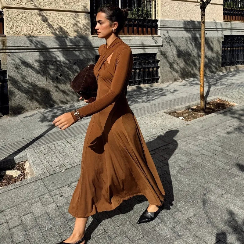 Fashion slim fit halter long sleeve princess dress in brown size S M L polyester