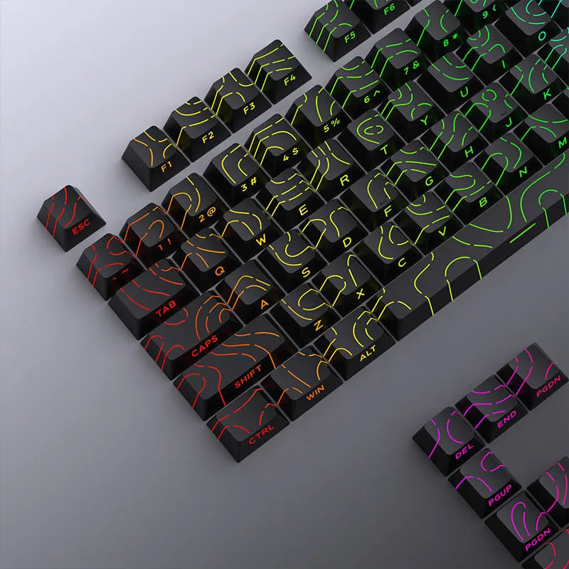 Black mechanical keyboard key cap set with contour line crack pattern and luminous characters, 85 x 150mm