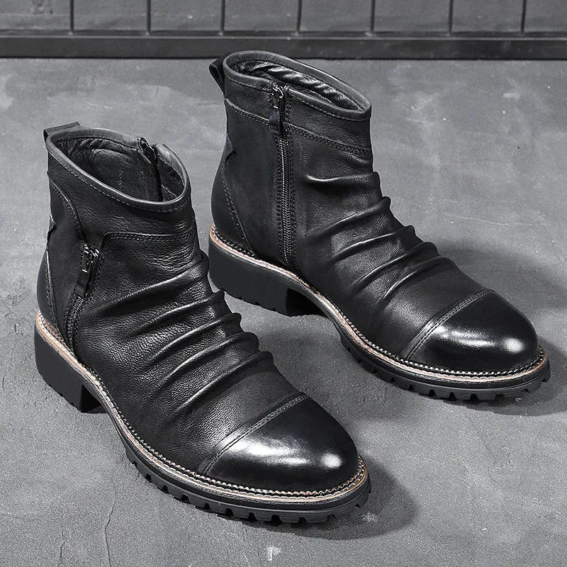 Men's black high-top cowboy boots with side zip and round toe on a plain background