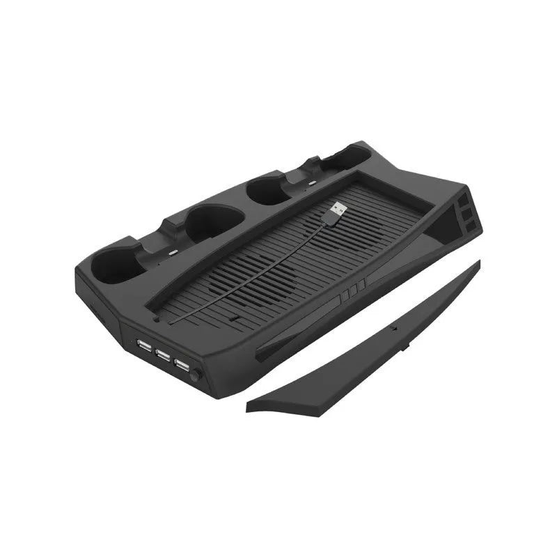 Black multifunctional PS5 charging cooling fan base with USB hub and handle charger slots