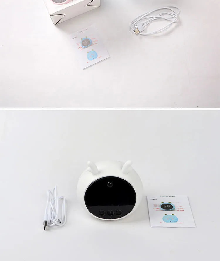 Smart alarm clock with silicone shell, luminous display, and power cord, shown in various style options.