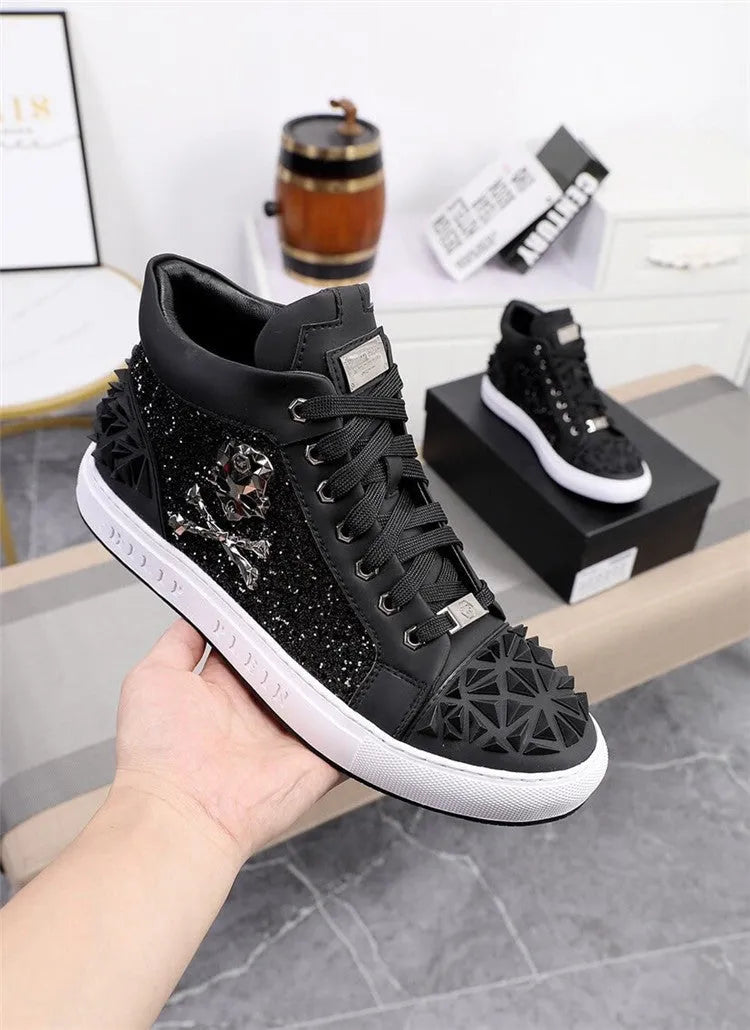 Men's black genuine leather high top skeleton shoes with red lace option