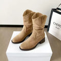 Women's suede ankle boots with 3-5cm chunky block heel, round toe and slip-on style in khaki or brown