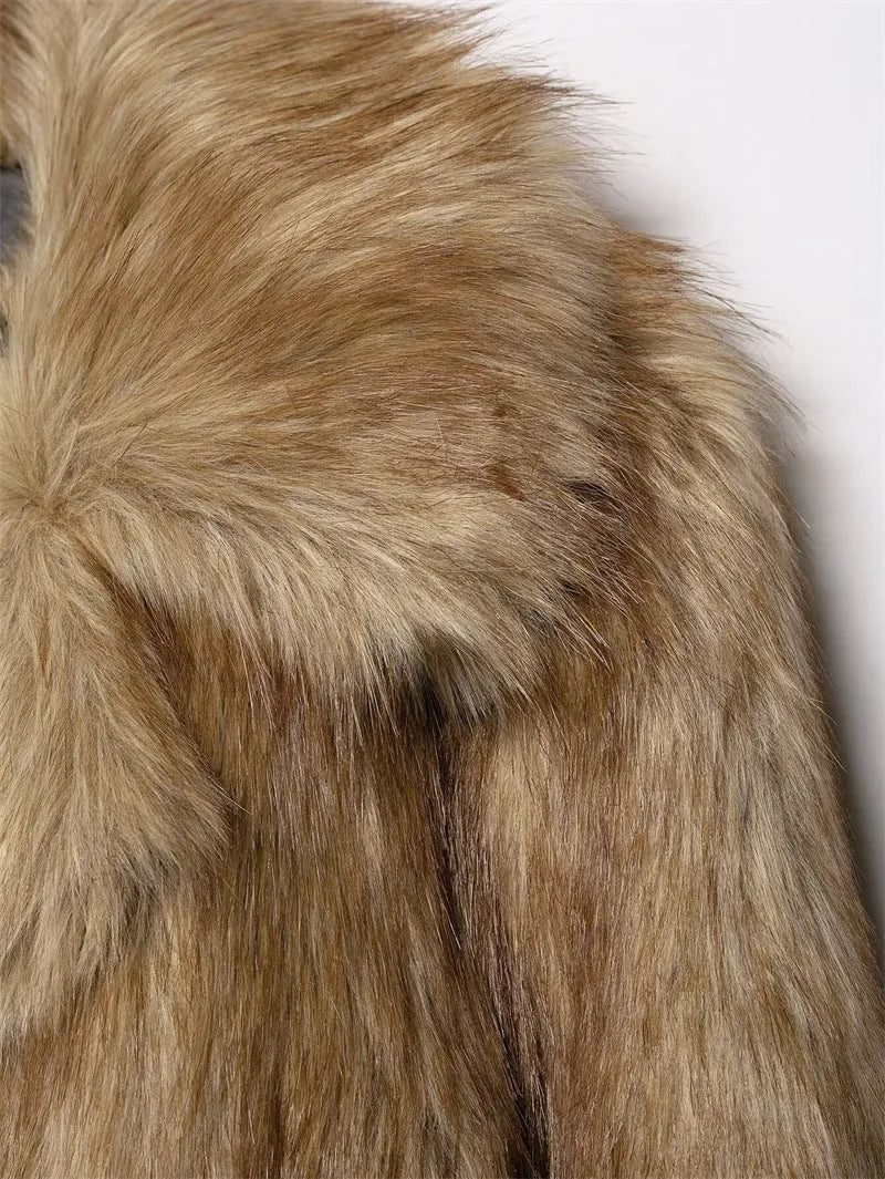 Women's brown artificial fur effect short coat with long sleeves, casual style, sizes XS to L