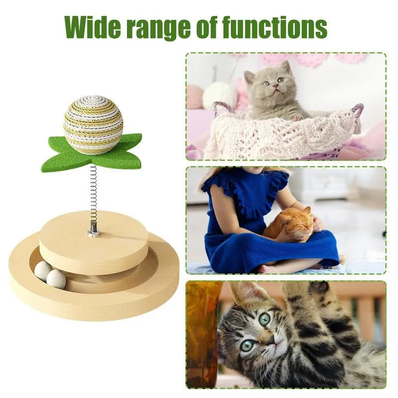 Green sisal cat toy with multi-layer rotating ball track and spring ball for indoor feline play