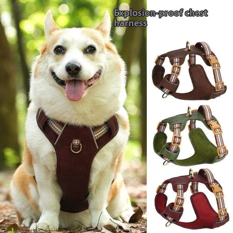 Brown leather dog harness with reflective strips and adjustable chest straps for walking safety