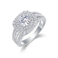 Moissanite silver ring with round cut geometric design on a silver band