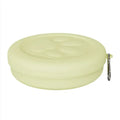 Portable dog feeding bowl in two-tone pink and green, shown in L and S sizes.