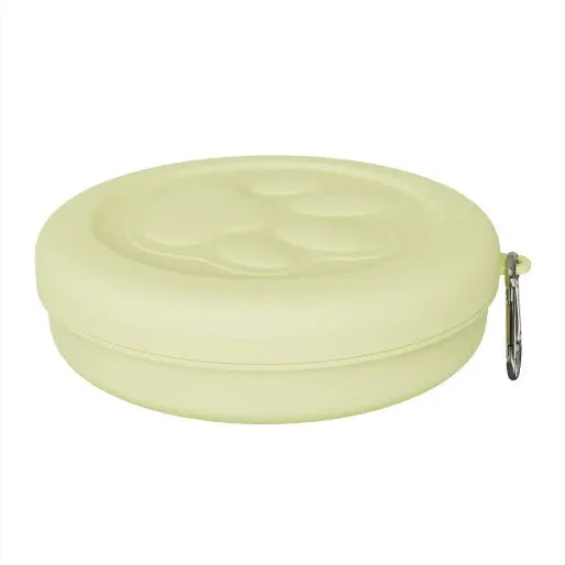 Portable dog feeding bowl in light green and pink two-tone colour option.