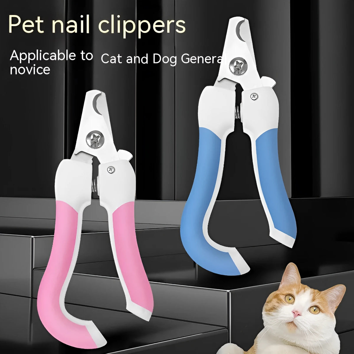 Pet nail scissors with stainless steel cutter head and curved handle in blue or pink, small or large size