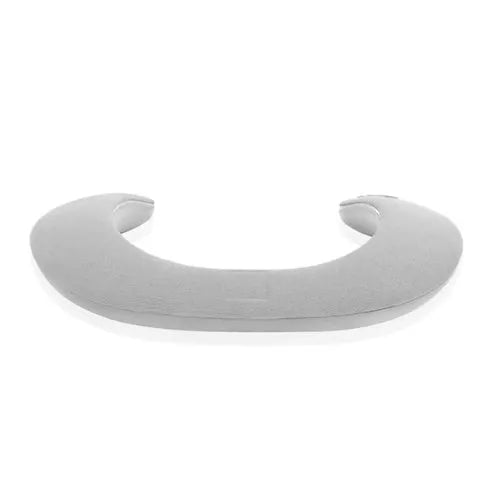 Blue neck-mounted U-shaped Bluetooth sports speaker worn around neck for hands-free audio during running