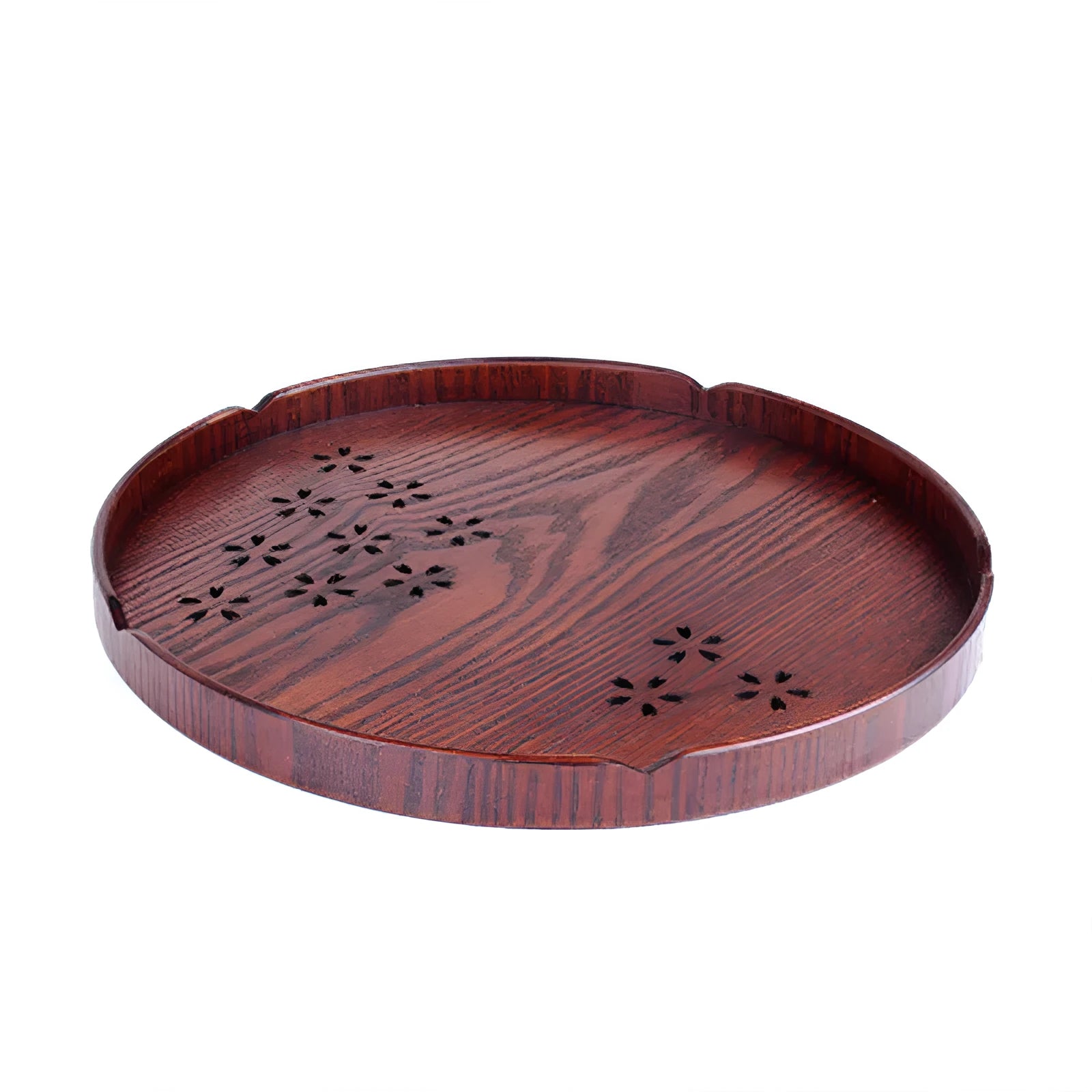 Wooden shallow plate with hollow cherry blossom decoration, 30 cm diameter.