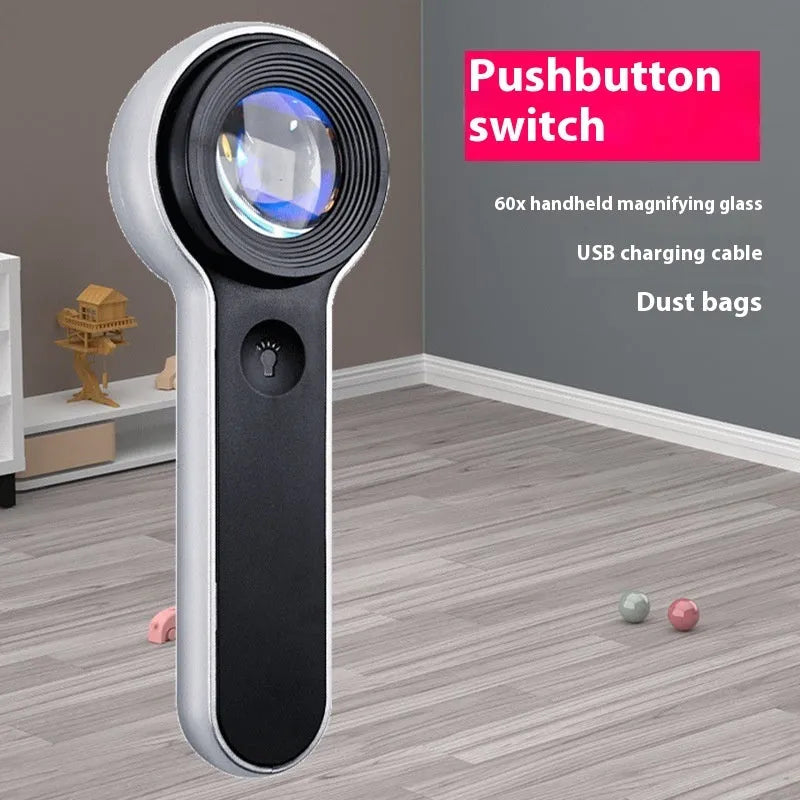 60x LED magnifying glass with USB charging, silver finish, showing 30mm lens and button control