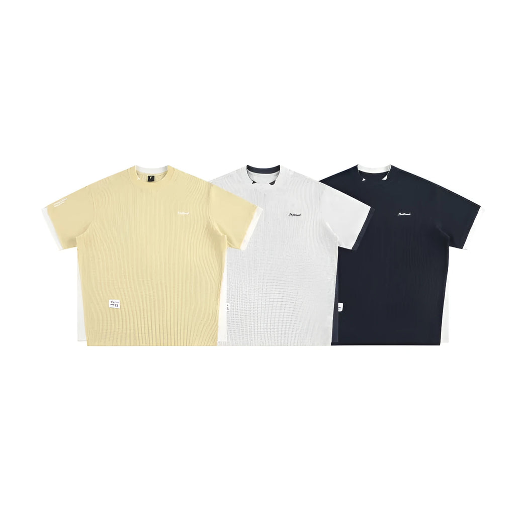 Men's waffle-textured short-sleeved t-shirt with retro alphabet embroidery in loose fit casual style