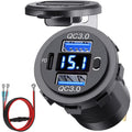 Dual QC car phone charger PD30 with digital display, blue with wire, showing 12V output