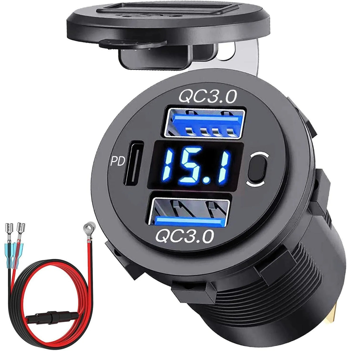 Dual QC car phone charger PD30 with digital display, blue with wire, showing 12V output