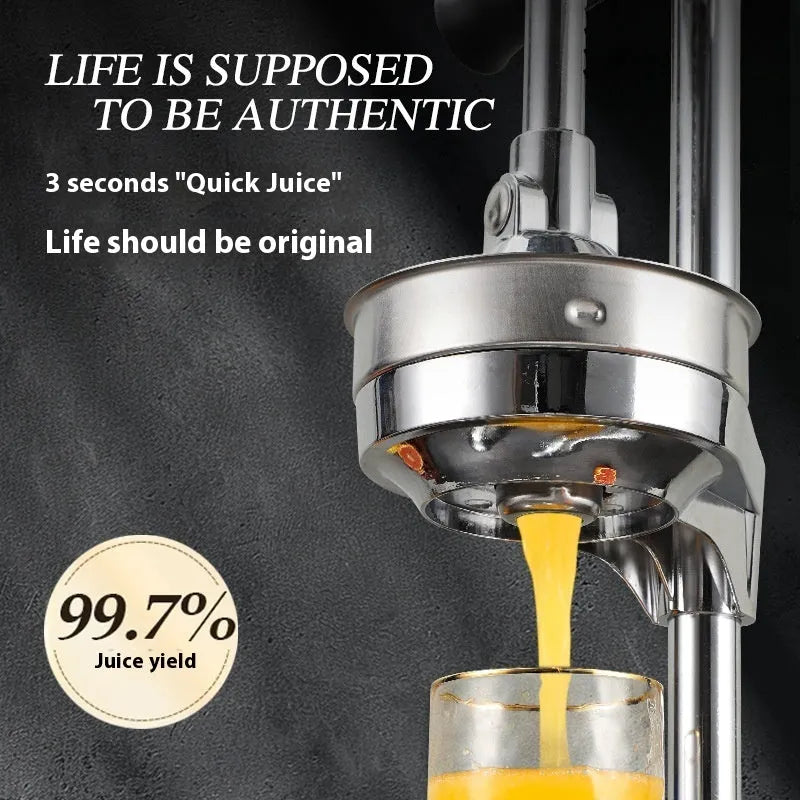 Stainless steel manual vertical juicer shown in multiple colour and tip style options.