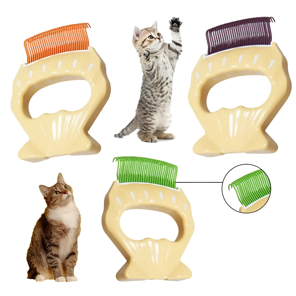Green shell-shaped plastic pet grooming brush with bent wire bristles and anti-slip handle on a white background.