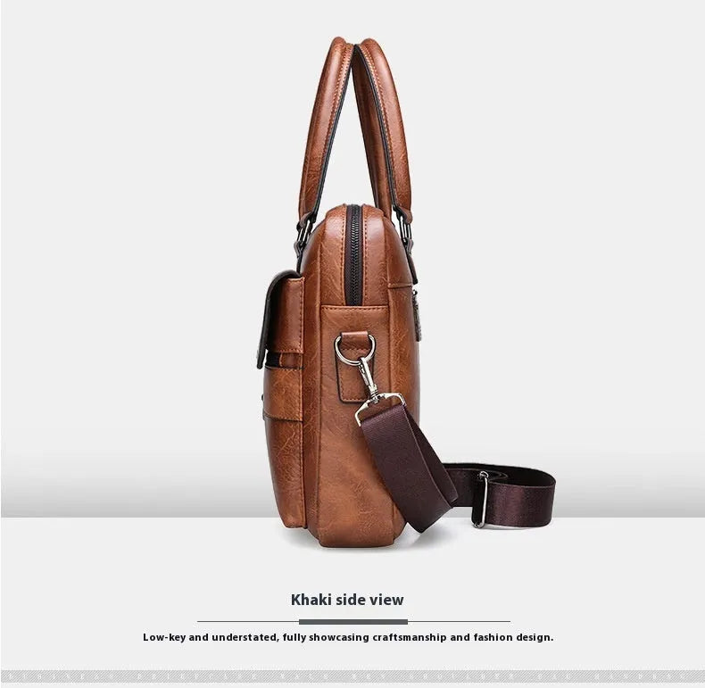 Men's PU laptop briefcase with double pocket design, solid colour, crossbody business travel bag