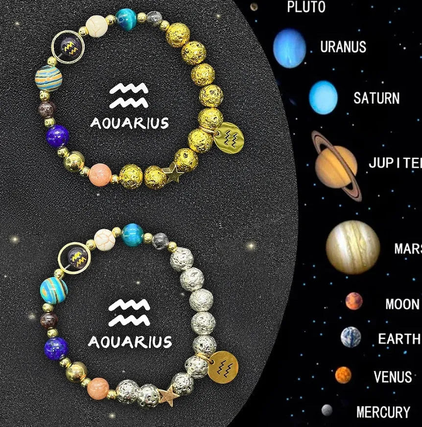Set of two natural stone beaded bracelets with zodiac sign charms on a background.