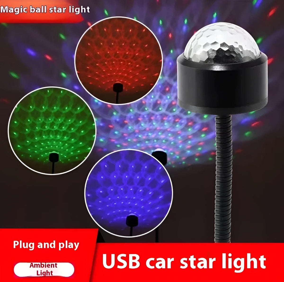 USB car atmosphere projection star light in black ABS plastic plugged into a vehicle interior