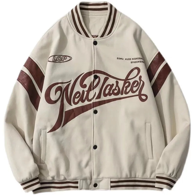 Loose-fit polyester baseball jacket with stand-up collar in lake blue, front view