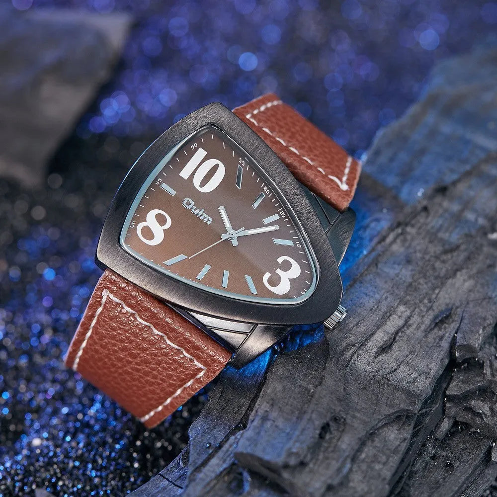 Men's casual wristwatch with a distinctive triangle-shaped strap on a wrist