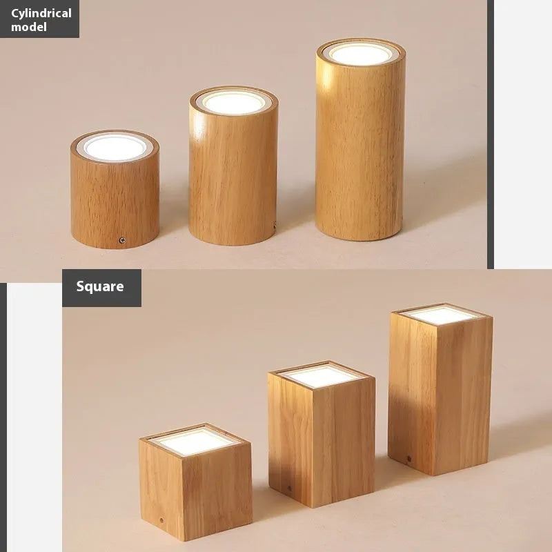 Solid wood modern surface mounted downlight in wood colour round and square shapes for corridor or entrance.