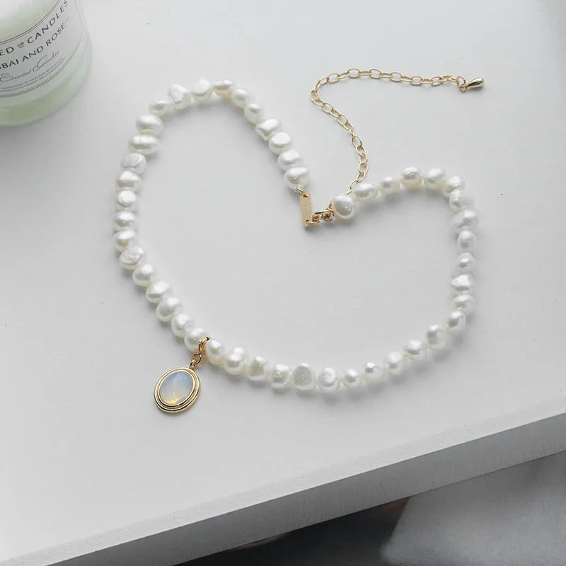 925 silver pearl necklace with irregular pendant and geometric extension chain